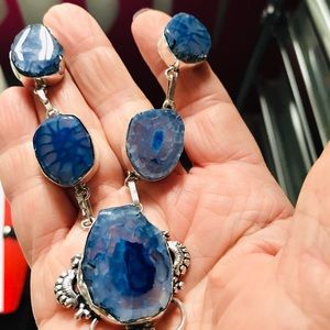 NEW Blue Solar Quartz Druzy 925 Silver Necklace